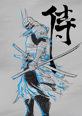 Samurai Warrior Sketch with Japanese Word Samurai