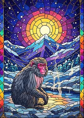 Japanese Macaque Stained Glass Art