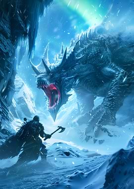 Viking versus Dragon in Snowy Landscape