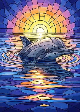 Dolphin in Stained Glass Sunset