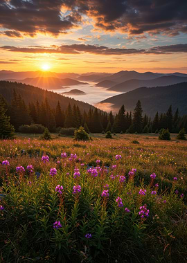 Mountain Sunrise with Wildflowers