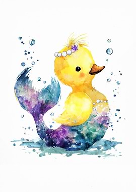 Watercolor Duck Mermaid Illustration