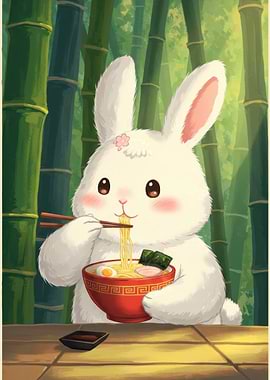 Cute Bunny Eating Ramen Illustration