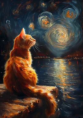 Cat gazing at starry night painting