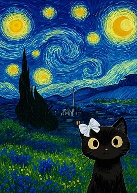 Starry Night Cat with Bow