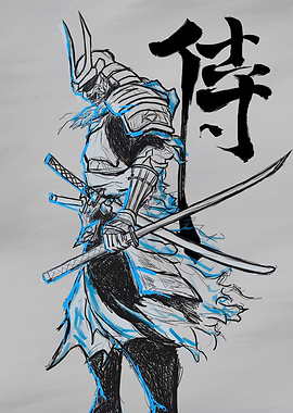 Samurai Warrior Sketch with Japanese Word Samurai(Outlined)