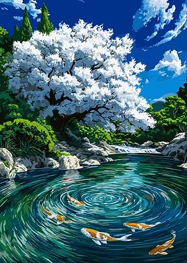 Koi Pond with Cherry Blossom Tree