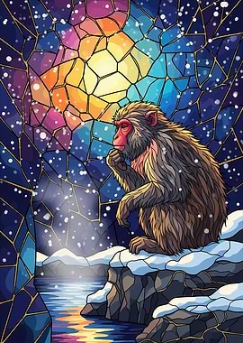 Pensive Monkey Stained Glass Illustration