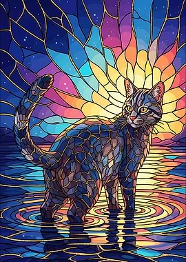 Stained Glass Cat in Water