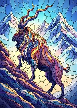 Stained Glass Ibex Mountain Scene
