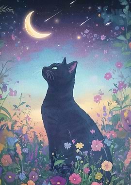 Cat Gazing Crescent Moon