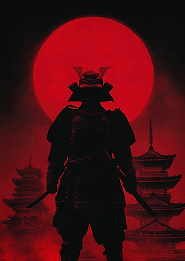 Samurai Silhouette with Red Moon