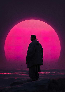 Man silhouetted against a pink sun