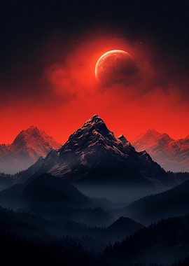 Red Moon Over Mountain Range
