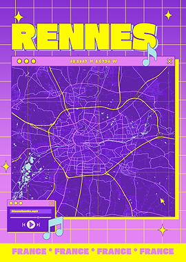 Rennes France Map Retro Aesthetic