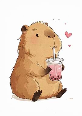 Capybara with Boba Tea Illustration