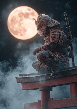 Owl Samurai Under the Moon