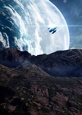 Spaceship over rocky planet with moon