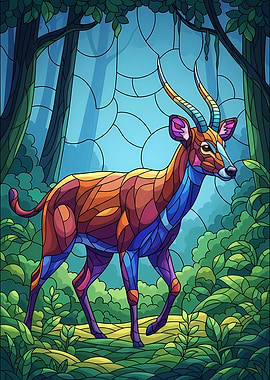 Stained Glass Antelope in Forest