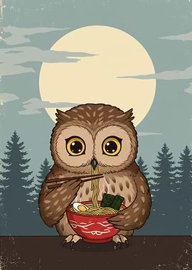 Owl Eating Ramen Under the Moon