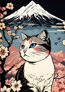 Cat Mount Fuji Cherry Blossoms