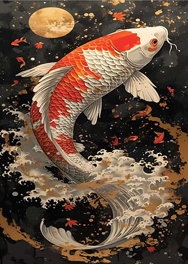 Koi Fish Art with Moon