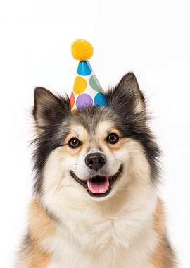Happy Norwegian Lundehund Dog with Birthday Hat
