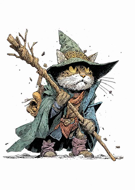 Cat Wizard with Staff Illustration