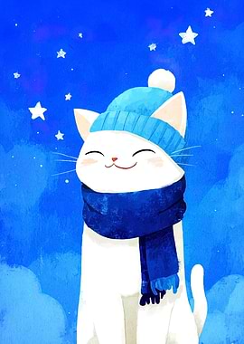 Winter Cat with Hat and Scarf