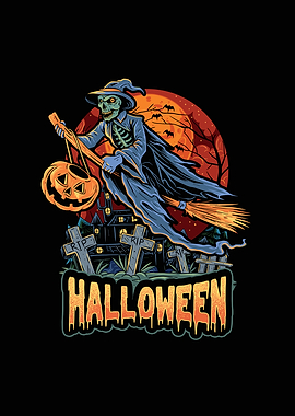Halloween Witch on Broomstick Illustration