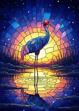 Stained Glass Crane at Sunset