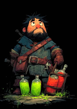 Cartoon Alchemist with Potions