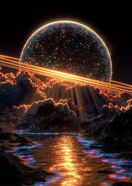 Exoplanet landscape with rings and water