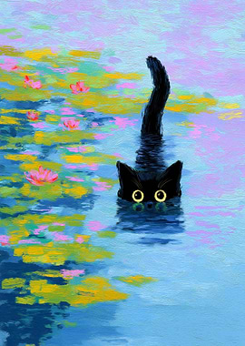 Black Cat in Lily Pond Painting