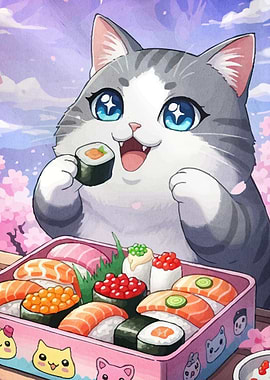 Cute Cat Eating Sushi