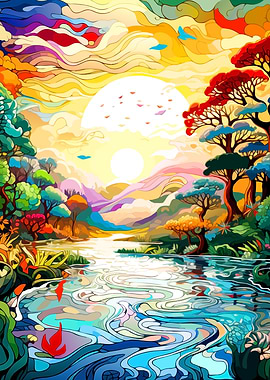 Colorful Landscape with River and Sun