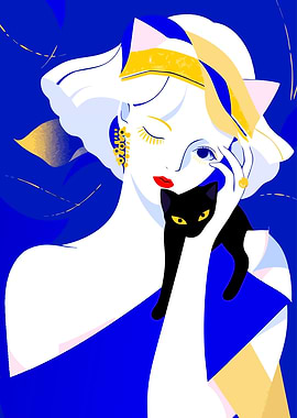 Elegant Woman with Black Cat Illustration