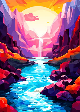 Colorful Geometric Landscape with Waterfall