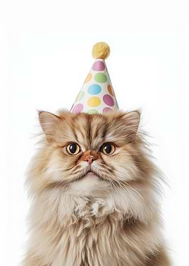 Fluffy Persian Cat with Party Hat