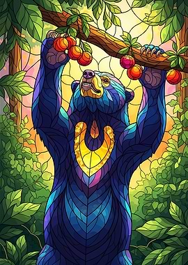 Stained Glass Style Bear Reaching Fruit