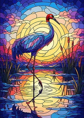 Stained Glass Crane at Sunset