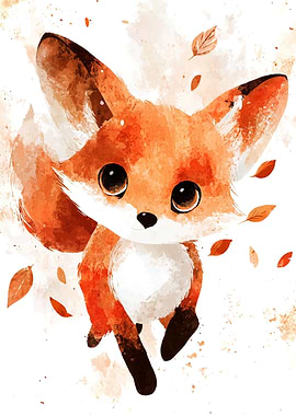 Watercolor Fox with Falling Leaves