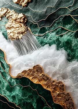 Emerald and Gold Waterfall Abstract