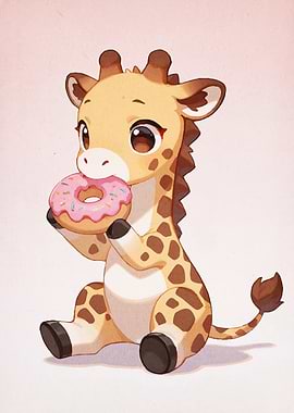 Cute Giraffe Eating Donut