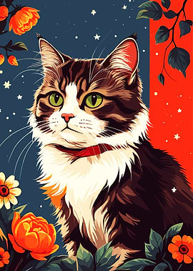 Elegant Cat Portrait with Floral Accents