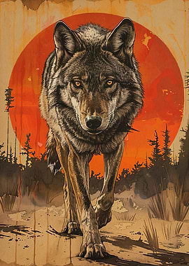 Wolf Portrait Red Sun