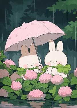 Rabbits under umbrella
