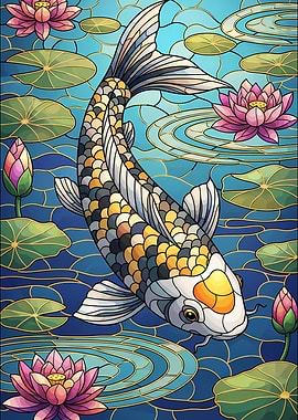 Koi Fish and Lotus Pond Illustration