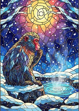 Stained Glass Monkey in Winter Landscape