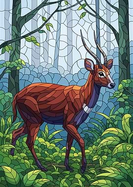Stained Glass Style Deer in Forest